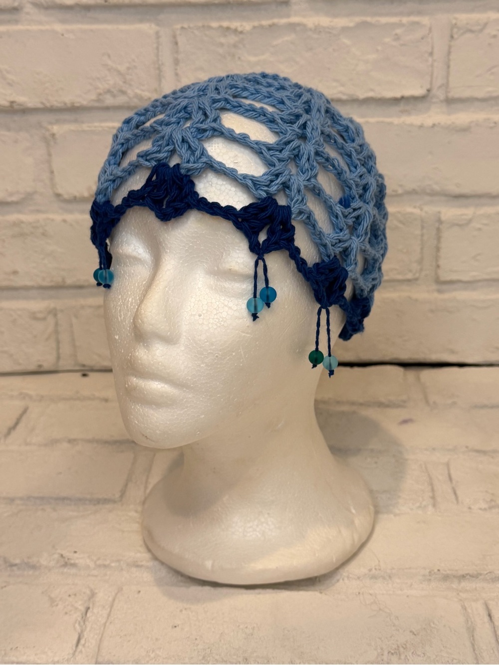 Crochet Blue Beaded Lace beanie